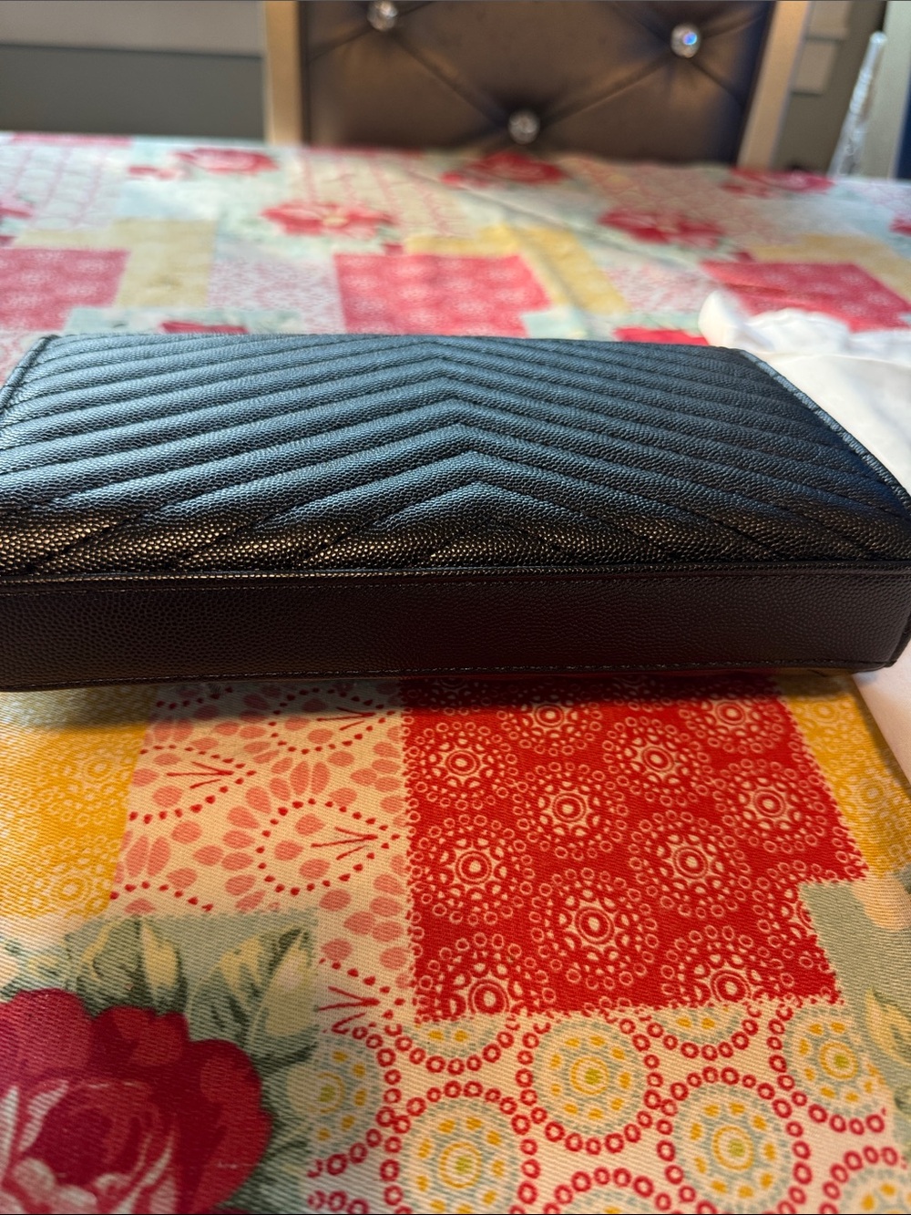Designer inspired Black Quilted Leather Wallet Clutch with Signature Logo - Picture 2 of 10